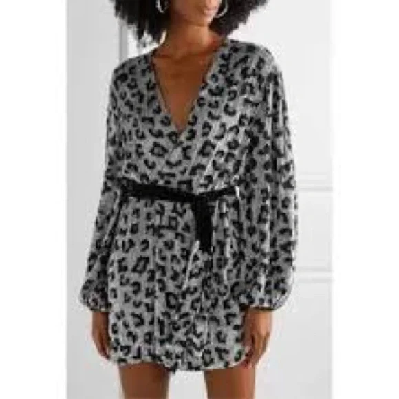 Retrofete SEQUIN Silver & Black Gabriella Leopard Print Mini Wrap Dress NWT - Picture 3 of 15